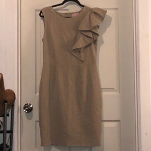 Calvin Klein Tan Dress with Shoulder Ruffles